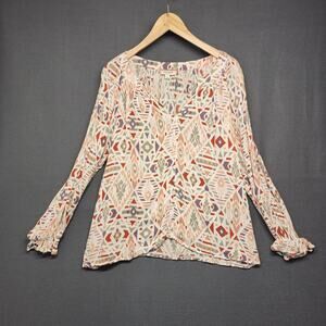 Andree by Unit Womens Top 1X Multicolor Geometric Rayon Stretch V Neck Coquette